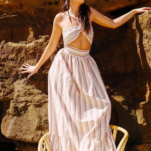 Ruffle Hem Halter Striped Print Maxi Dress - Picture 4 of 11